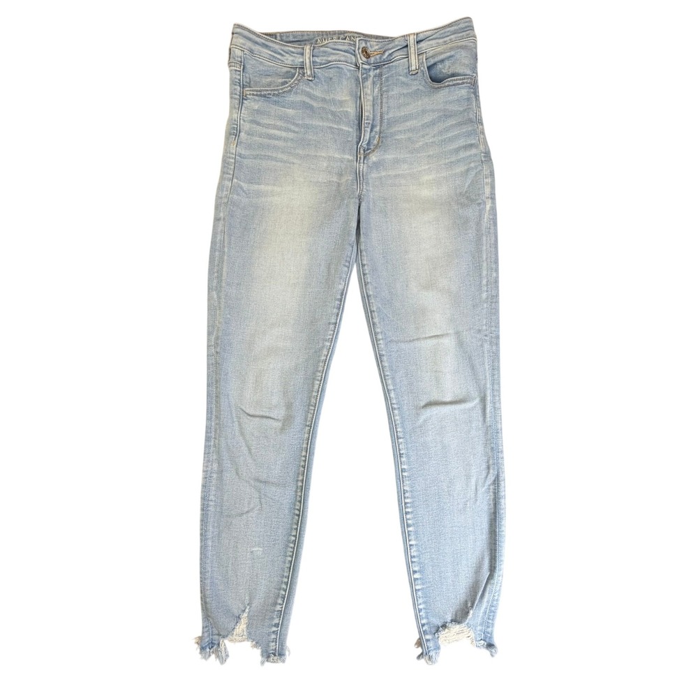 American Eagle Skinny Jeans Women 10 Long Blue High Rise Distressed Step Hem